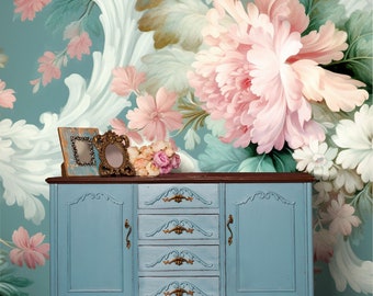 Vintage Blumen Tapete, pastell floral | Wanddekoration | Haus-Renovierung | Wandkunst | Schälen und kleben oder nicht selbstklebende Vinyltapete