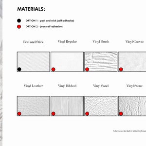 Peut inclure: Un tableau pr&eacute;sentant diff&eacute;rents mat&eacute;riaux en vinyle pour des projets d'artisanat. Le tableau montre deux options pour chaque mat&eacute;riau : pelable et adh&eacute;sif (autocollant) et non autocollant. Le tableau comprend les mat&eacute;riaux suivants : Peel and Stick, Vinyl Regular, Vinyl Brush, Vinyl Canvas, Vinyl Leather, Vinyl Ribbed, Vinyl Sand et Vinyl Stone.