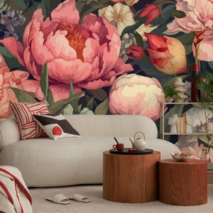 Retro wallpaper, peony floral pattern | Wall Decor | Home Renovation | Wall Art | Peel and Stick Or Non Self-Adhesive Vinyl Wallpaper