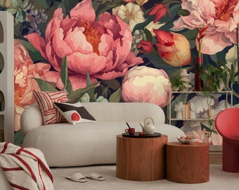 Retro wallpaper, peony floral pattern | Wall Decor | Home Renovation | Wall Art | Peel and Stick Or Non Self-Adhesive Vinyl Wallpaper