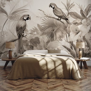 Sepia parrots tropical wallpaper | Floral Wall Decor | Home Renovation | Wall Art | Peel and Stick Or Non Self-Adhesive Vinyl Wallpaper