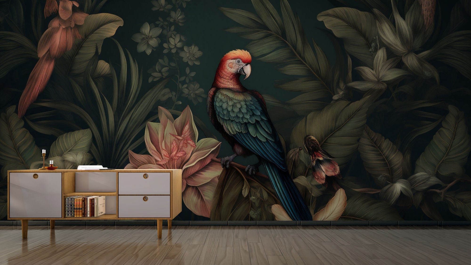 Bird Wallpaper, Dark Leaf Art | Wall Decor | Home Renovation | Wall Art |  Peel and Stick or Non Self-adhesive Vinyl Wallpaper - Etsy, image size:2000x1125