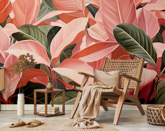 Carta da parati con foglie tropicali rosa, murale giungla / Decorazione murale / Ristrutturazione casa / Arte murale / Carta da parati in vinile autoadesiva o non autoadesiva