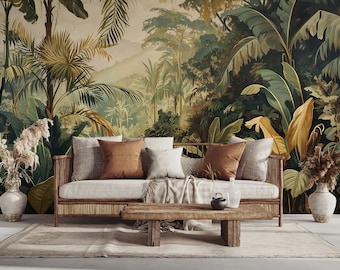 Retro jungle wallpaper, landscape art | Wall Decor | Home Renovation | Wall Art | Peel and Stick Or Non Self-Adhesive Vinyl Wallpaper