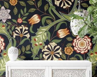 Dunkle florale Jugendstil Tapete | Blumenwanddekor | Haus-Renovierung | Wandkunst | Schälen und kleben oder nicht selbstklebende Vinyltapete