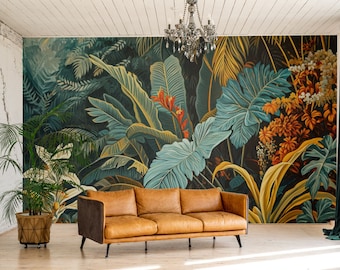 Papel pintado de hojas tropicales, paisaje de la selva / Decoración de la pared / Renovación del hogar / Arte de la pared / Peel and Stick o papel pintado de vinilo no autoadhesivo