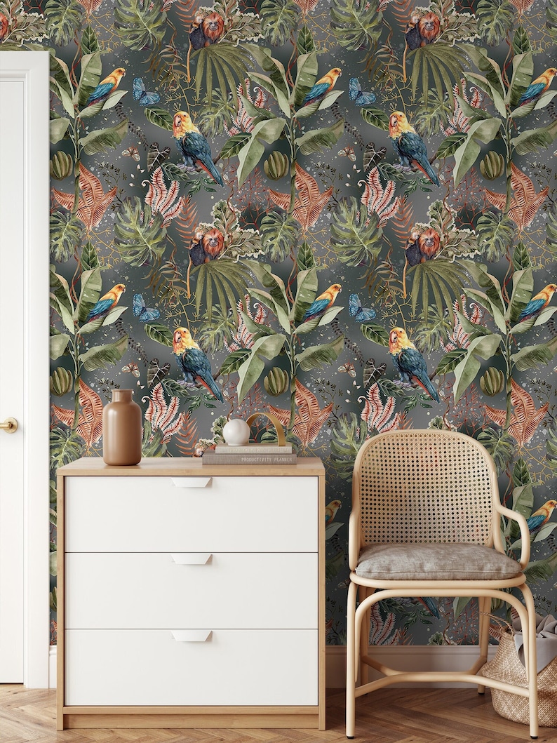 Buy Watercolor Wallpaper, Bird and Tropical Leaf Wall Decor Home