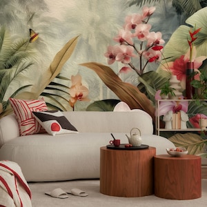 Carta da parati con fiori e foglie, giungla tropicale / Decorazione da parete / Ristrutturazione della casa / Arte della parete / Carta da parati staccabile e incollabile o non autoadesiva in vinile