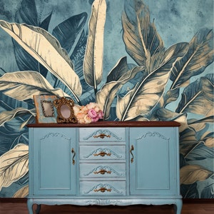 Carta da parati tropicale blu con foglia di palma / Decorazione da parete / Ristrutturazione della casa / Arte da parete / Carta da parati staccabile o incollabile o non autoadesiva in vinile