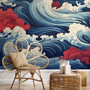 Sea Waves Blue & Red Abstract Wallpaper | Wall Decor | Home Renovation ...