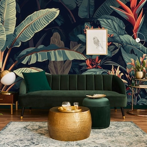 Carta da parati con paesaggi tropicali, giungla, foglie / Decorazione da parete / Ristrutturazione della casa / Arte da parete / Carta da parati staccabile o non autoadesiva in vinile