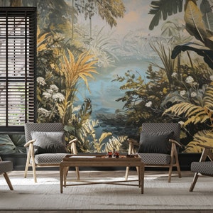 Vintage landscape wallpaper, tropical jungle | Wall Decor | Home Renovation | Wall Art | Peel and Stick Or Non Self-Adhesive Vinyl Wallpaper