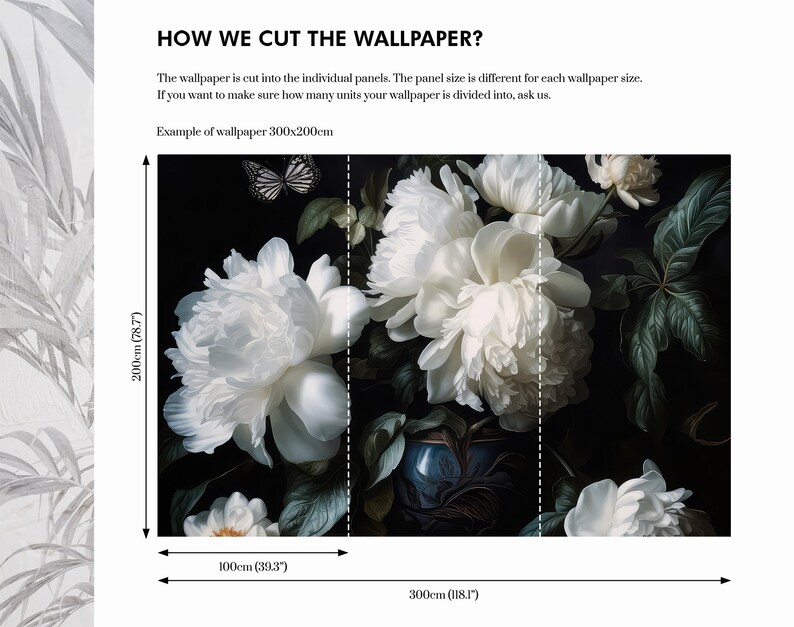 Buy Dark Floral Wall Mural, White Peony Print Wall Decor Home