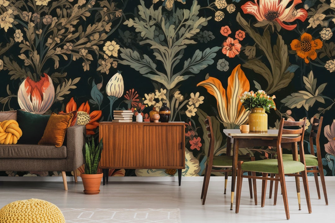 Buy Dark Botanical Wallpaper, Floral Wall Mural | Wall Decor | Home ...
