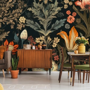 Dunkle botanische Tapete, florales Wandbild | Wanddekoration | Haus-Renovierung | Wandkunst | Schälen und kleben oder nicht selbstklebende Vinyltapete