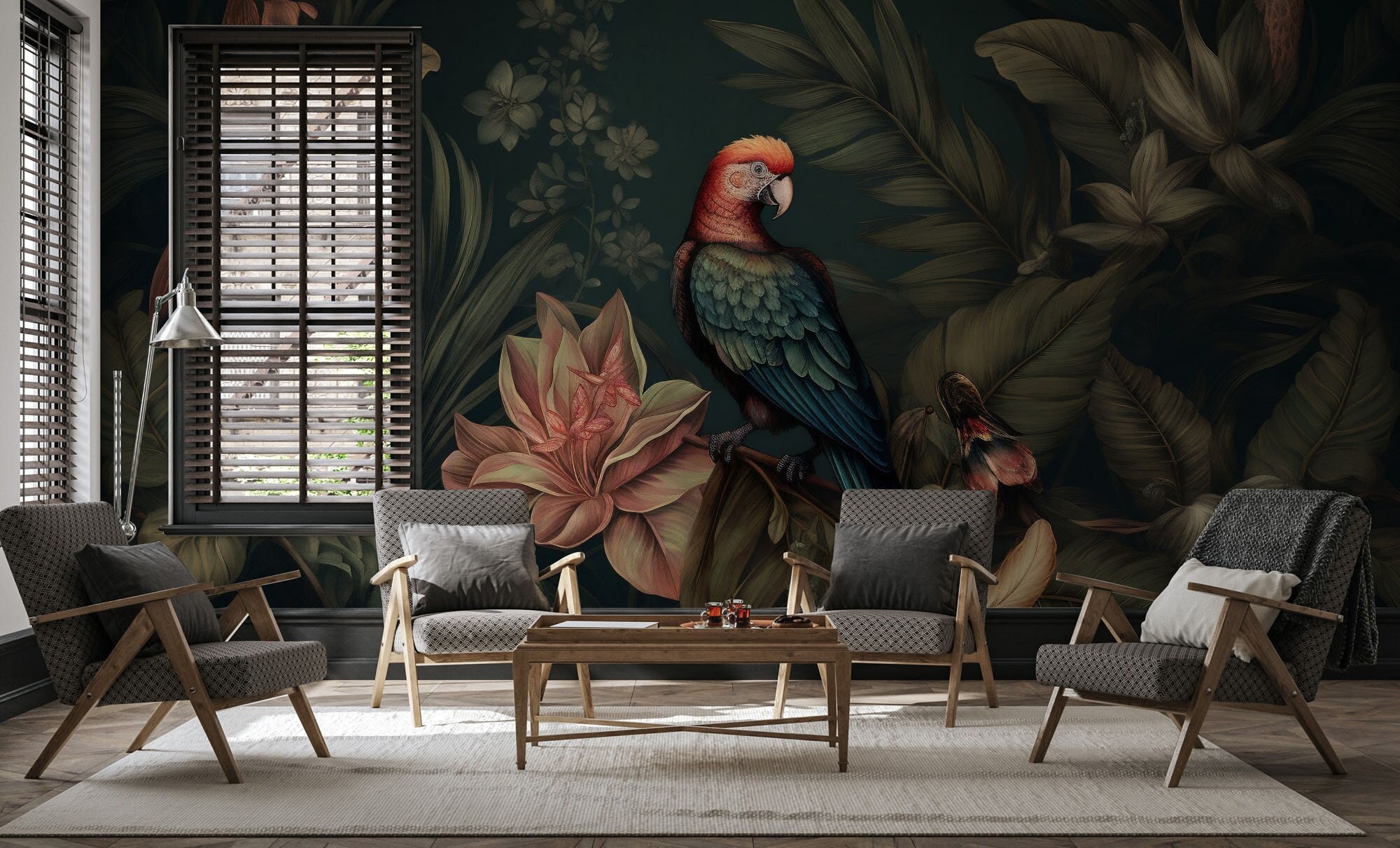 Bird Wallpaper, Dark Leaf Art | Wall Decor | Home Renovation | Wall Art |  Peel and Stick or Non Self-adhesive Vinyl Wallpaper - Etsy, image size:2000x1212