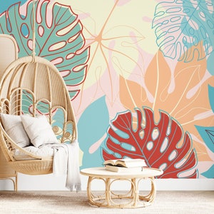 Boho Blätter tropische Sommer Tapete | Wanddekoration | Haus-Renovierung | Wandkunst | Schälen und kleben oder nicht selbstklebende Vinyltapete