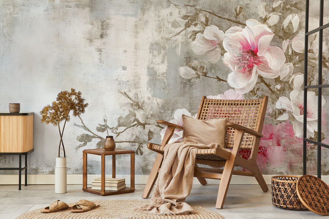 Botanical Floral Wallpaper, Pink Watercolor | Wall Decor | Home ...