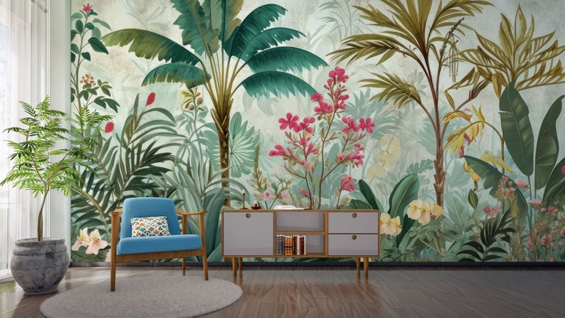 Tropische Landschaftstapete mit Palmenblättern Wanddekoration Haus-Renovierung Wandkunst Schälen und kleben oder nicht selbstklebende Vinyltapete Bild 6