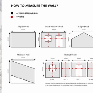 Peut inclure: Diagramme montrant deux m&eacute;thodes diff&eacute;rentes pour mesurer un mur, y compris les murs r&eacute;guliers, les murs avec portes et fen&ecirc;tres, les murs en pente, les murs d'escalier et les murs multiples. L'option 1 est recommand&eacute;e.
