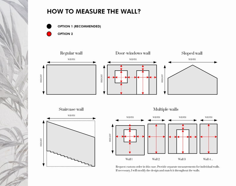 Peut inclure: Diagramme montrant deux m&eacute;thodes diff&eacute;rentes pour mesurer un mur, y compris les murs r&eacute;guliers, les murs avec portes et fen&ecirc;tres, les murs en pente, les murs d'escalier et les murs multiples. L'option 1 est recommand&eacute;e.