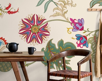 Papel pintado floral étnico colorido de estilo vintage / Decoración de pared / Reforma del hogar / Arte mural / Papel pintado de vinilo autoadhesivo o no autoadhesivo