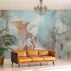 Vögel vintage blaue tropische Tapete | Wanddekoration | Haus-Renovierung | Wandkunst | Schälen und kleben oder nicht selbstklebende Vinyltapete