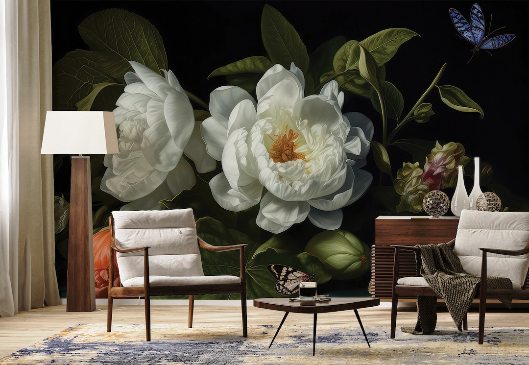 Dark Wallpaper With White Flowers | Floral Wall Decor | Home Renovation ...