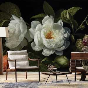 Dark wallpaper with white flowers | Floral  Wall Decor | Home Renovation | Wall Art | Peel and Stick Or Non Self-Adhesive Vinyl Wallpaper