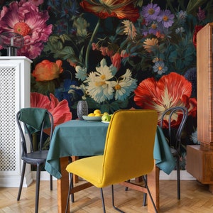 Tulpen dunkel Barock Blumenwandbild | Wanddekoration | Haus-Renovierung | Wandkunst | Schälen und kleben oder nicht selbstklebende Vinyltapete