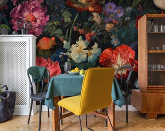 Tulips dark baroque floral wall mural | Wall Decor | Home Renovation | Wall Art | Peel and Stick Or Non Self-Adhesive Vinyl Wallpaper