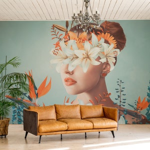 Weibliches Porträt und Blumen Wandbild | Wanddekoration | Haus-Renovierung | Wandkunst | Schälen und kleben oder nicht selbstklebende Vinyltapete