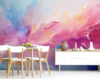 Papier peint abstrait aquarelle, rose et bleu | Décoration murale | Rénovation domiciliaire | Art mural | Papier peint autocollant ou autocollant