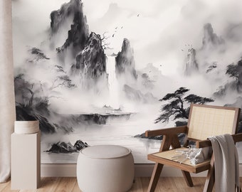 Papier peint paysage de style asiatique | Décoration murale | Rénovation domiciliaire | Art mural | Papier peint autocollant ou autocollant