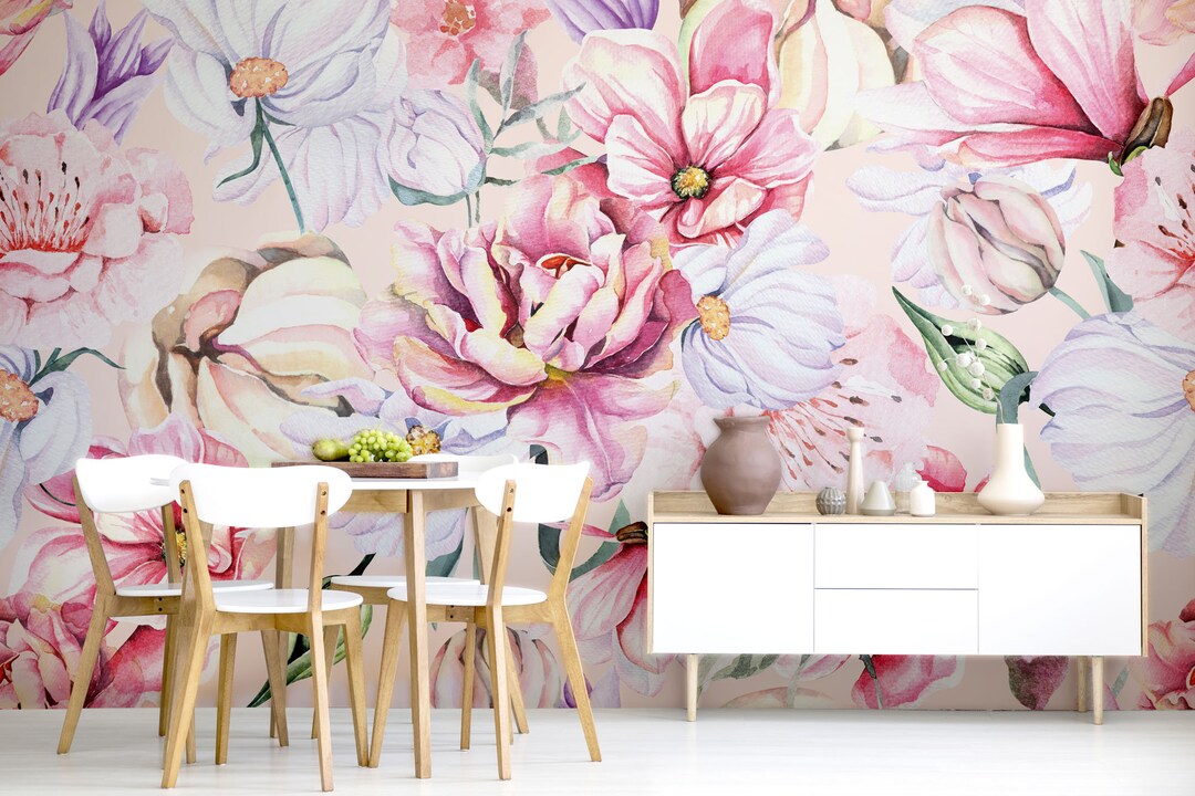 Blooming Floral Wallpaper, Watercolor Pastel | Wall Decor | Home ...