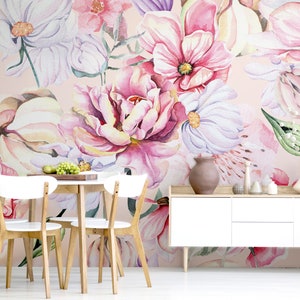 Blühende Blumen Tapete, Aquarell Pastell | Wanddekoration | Haus-Renovierung | Wandkunst | Schälen und kleben oder nicht selbstklebende Vinyltapete