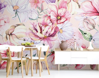 Blooming floral wallpaper, watercolor pastel | Wall Decor | Home Renovation | Wall Art | Peel and Stick Or Non Self-Adhesive Vinyl Wallpaper
