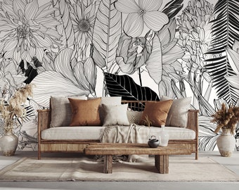 Modern tropical black & white floral mural | Wall Decor | Home Renovation | Wall Art | Peel and Stick Or Non Self-Adhesive Vinyl Wallpaper
