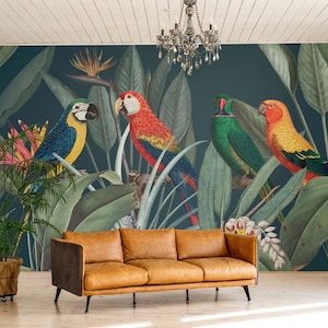 Carta da parati tropicale con uccelli colorati / Decorazione da parete / Ristrutturazione della casa / Arte da parete / Carta da parati staccabile e incollabile o non autoadesiva in vinile