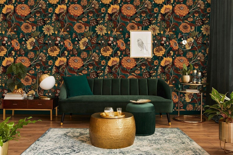 Image showcasing Dark Green Ethnic Floral Botanical Wallpaper | Wall Decor | Home ...