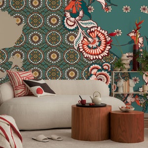 Floral Tapete mit indischen Blumenmuster | Wanddekoration | Haus-Renovierung | Wandkunst | Peel & Stick oder nicht selbstklebende Vinyltapete