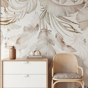 Watercolor beige leaves wallpaper | Botanical Wall Decor | Home Renovation | Wall Art | Peel and Stick Or Non Self-Adhesive Vinyl Wallpaper