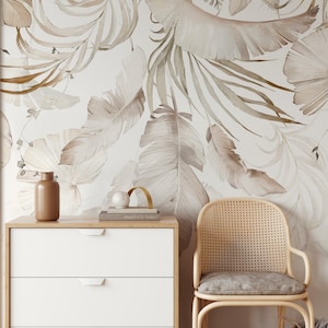 Carta da parati con foglie beige acquerello / Decorazione da parete botanica / Ristrutturazione domestica / Arte della parete / Carta da parati staccabile e incollabile o non autoadesiva in vinile