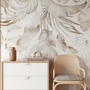 Watercolor beige leaves wallpaper | Botanical Wall Decor | Home Renovation | Wall Art | Peel and Stick Or Non Self-Adhesive Vinyl Wallpaper