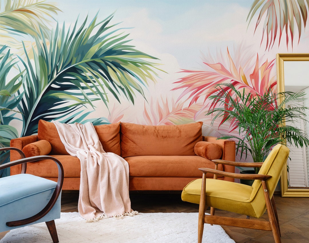 Curated visual reference: Gallery Detail: Tropical Pink And Green Leaves Wallpaper Wall Decor