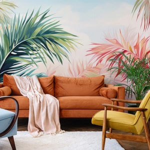 Tropische rosa und grüne Blätter Tapete | Wanddekoration | Haus-Renovierung | Wandkunst | Schälen und kleben oder nicht selbstklebende Vinyltapete
