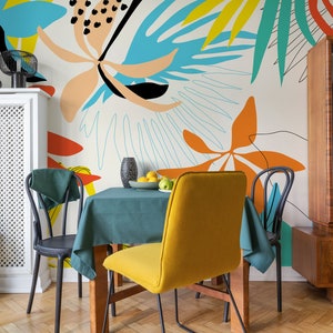 Boho Blätter abstrakt bunt Tapete | Wanddekoration | Haus-Renovierung | Wandkunst | Schälen und kleben oder nicht selbstklebende Vinyltapete