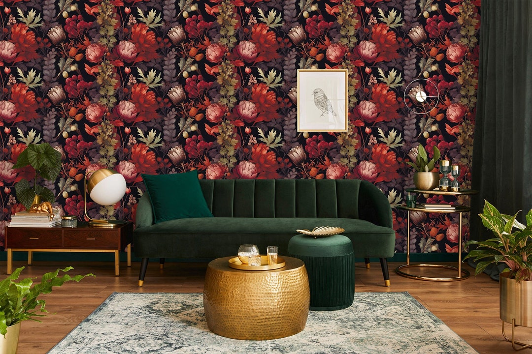 Dark Red Floral Wallpaper, Botanical Mural | Wall Decor | Home ...