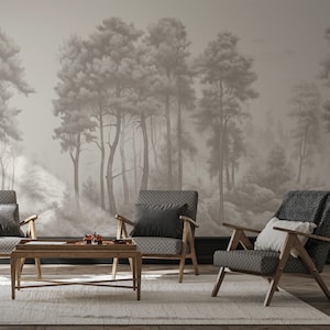 Beige vintage Waldtapete mit Baum | Botanische Wanddekoration | Haus-Renovierung | Schälen und kleben oder nicht selbstklebende Vinyltapete