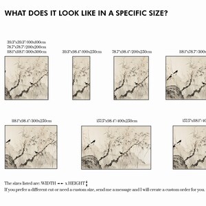 Puede incluir: Varias medidas de una impresi&oacute;n art&iacute;stica mural en tonos sepia que presenta un paisaje asi&aacute;tico tradicional. La obra muestra un p&aacute;jaro posado en una rama, con monta&ntilde;as y bamb&uacute; al fondo. Los tama&ntilde;os var&iacute;an de 100x100cm a 400x300cm. Texto: "&iquest;Qu&eacute; aspecto tiene en un tama&ntilde;o espec&iacute;fico?"